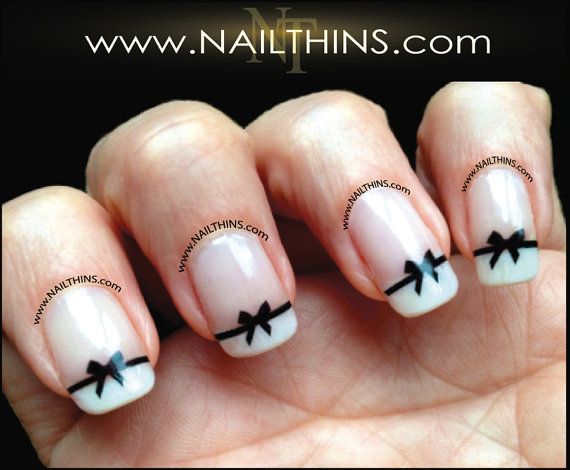 White French Tip Nails With Black Bows Nail Art