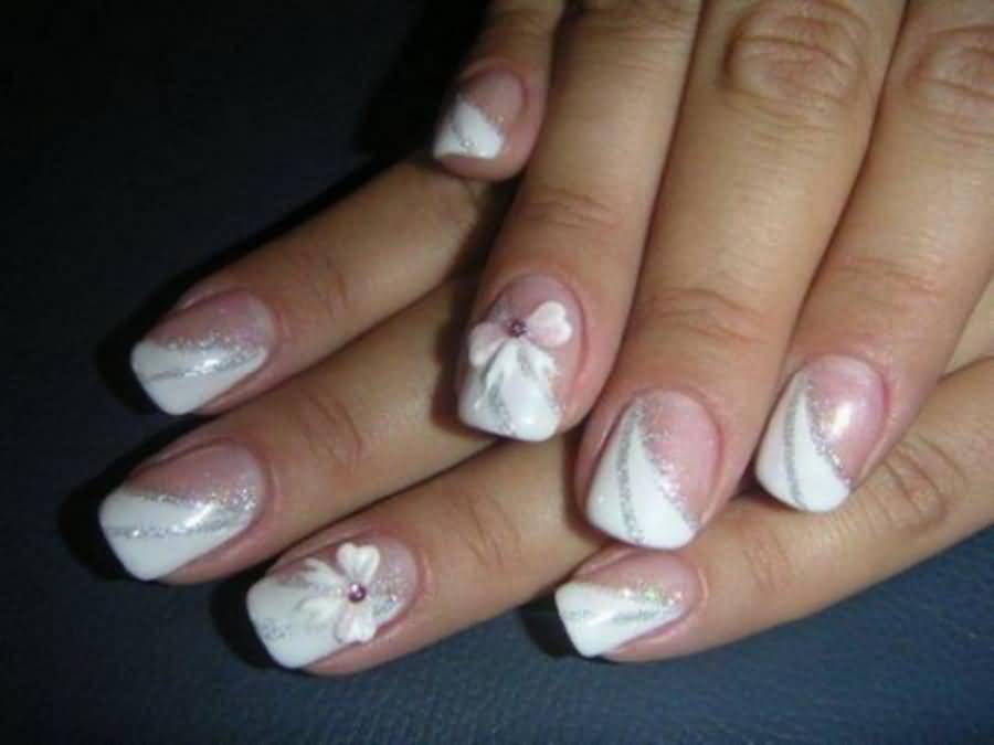 White French Tip With 3d Flower Nail Design