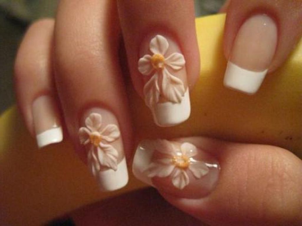 White French Tip With Acrylic 3d Flower Nail Art