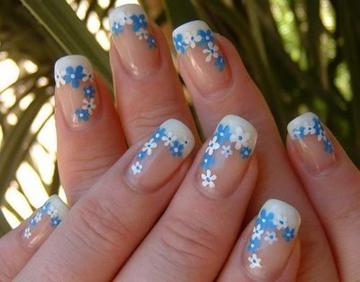 White French Tip With Blue And White Flower Nail Art
