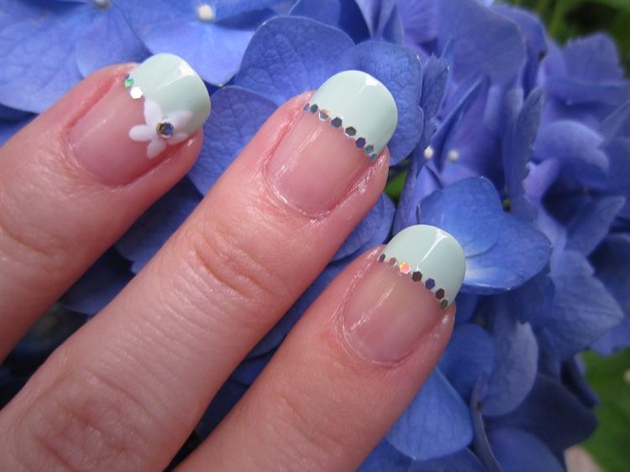 White French Tip With Metallic Polka Dots And Acrylic Flower