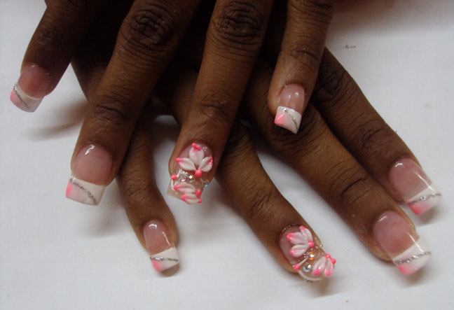 White French Tip With Pink 3d Flower Nail Art