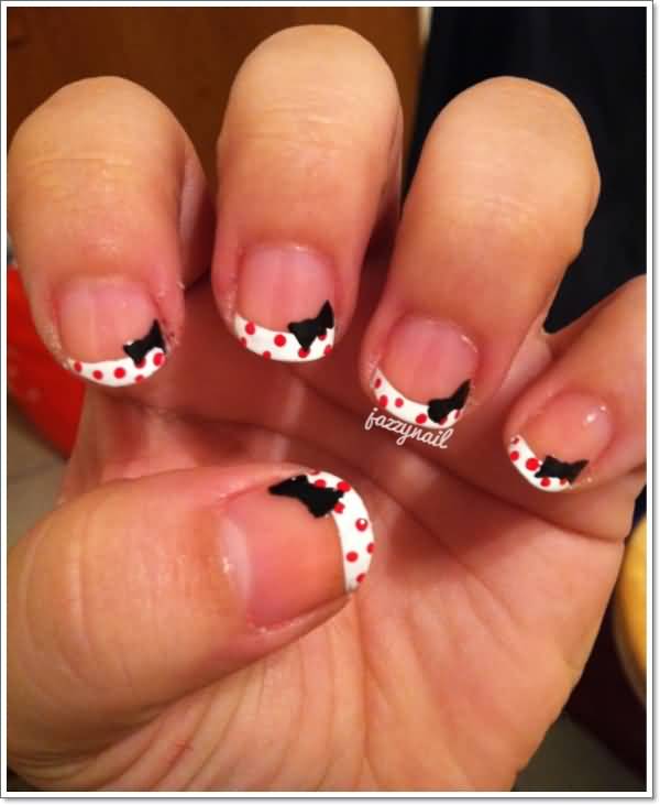 White French Tip With Pink Dots And Black Bow Design