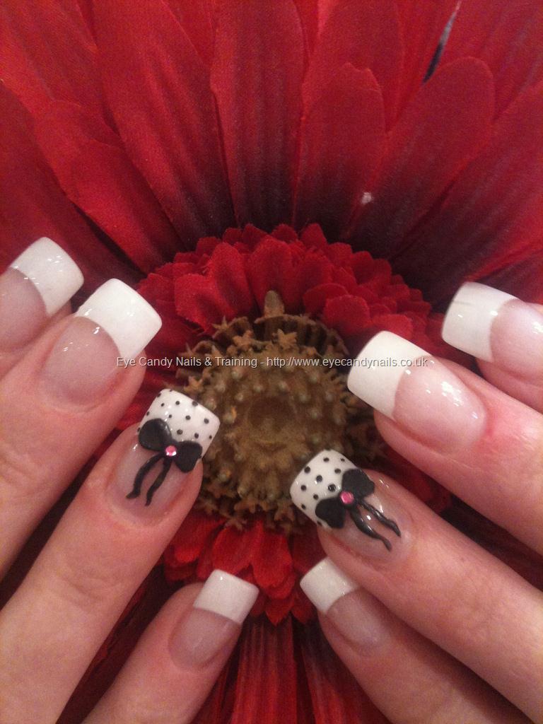 White French Tip With Polka Dots And Black 3d Bow Nail Art