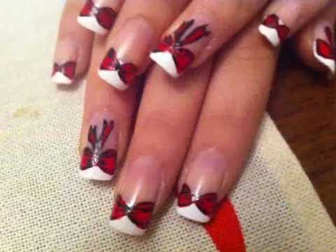 White French Tip With Red Bow Nail Art