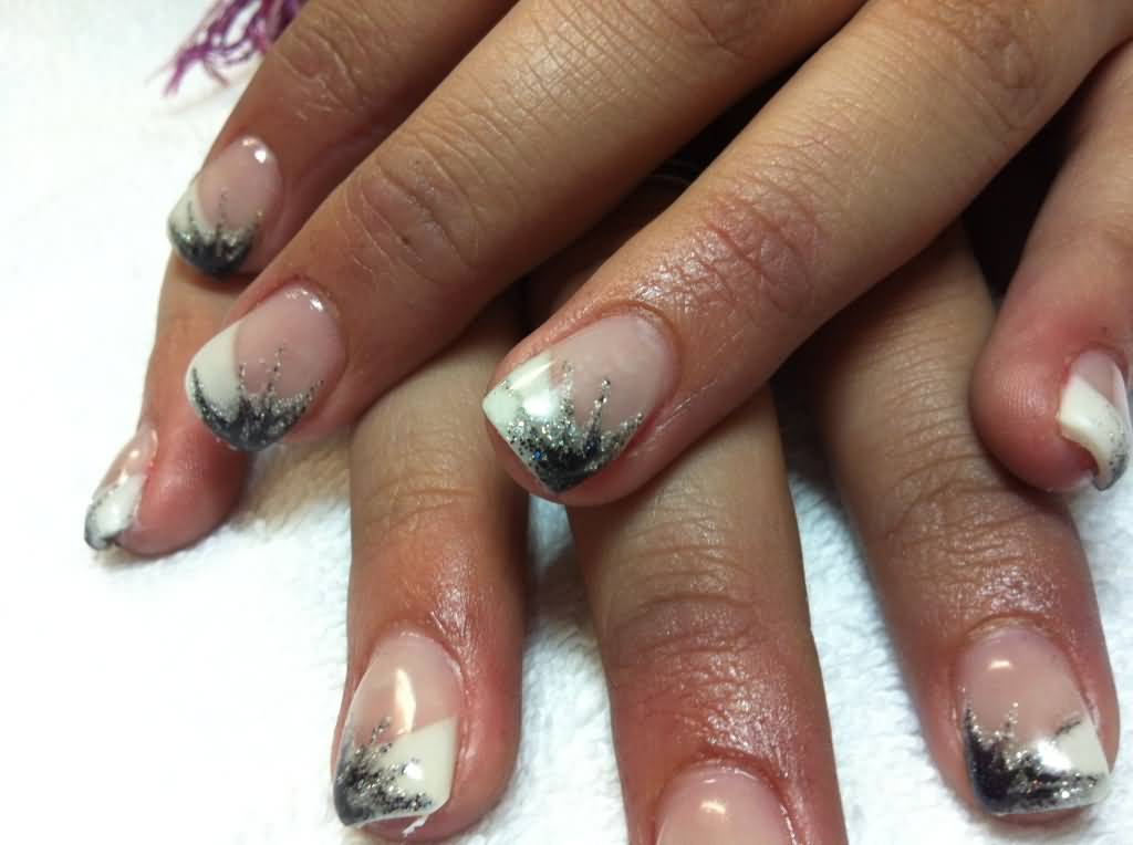 White French Tip With Silver And Black Glitter Nail Art