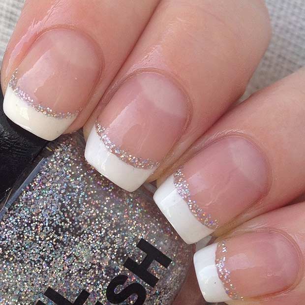 White French Tip With Silver Glitter Nail Art