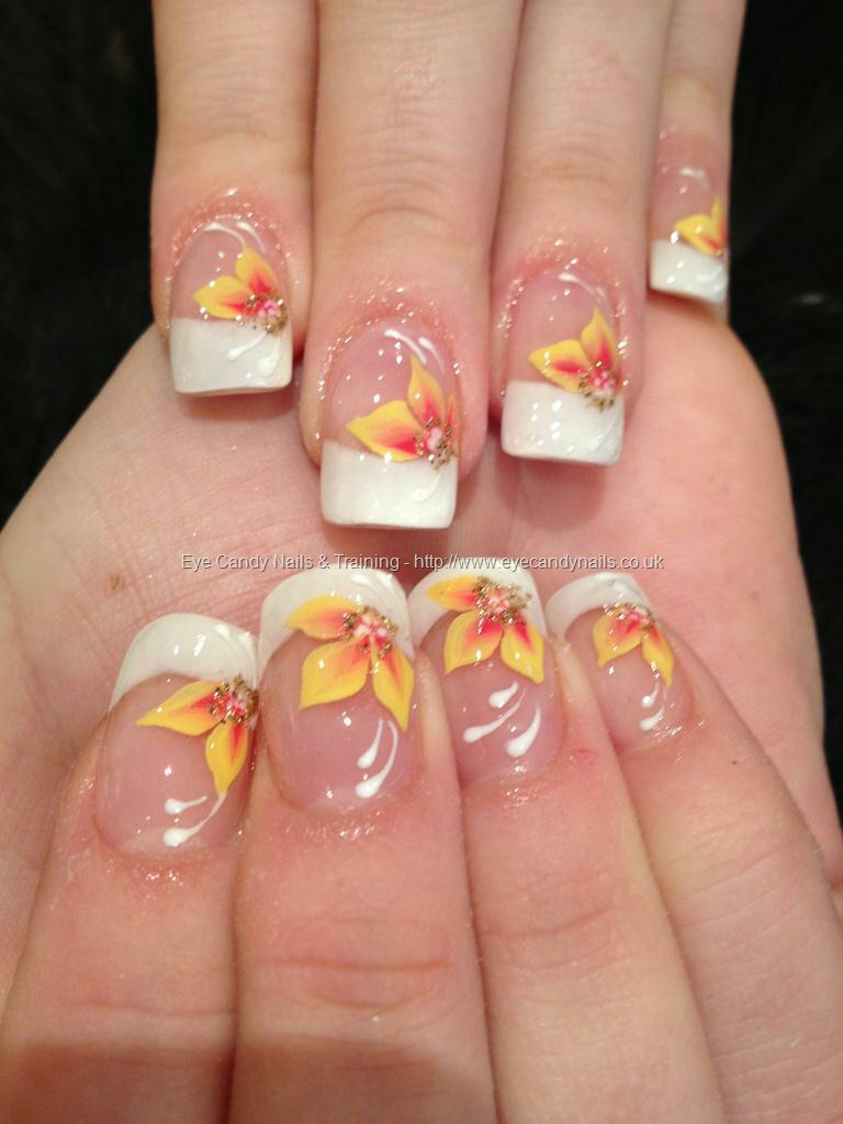White French Tip With Yellow Flower Nail Art