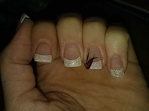 White Glitter French Tip Nail Art With Accent Flower Design