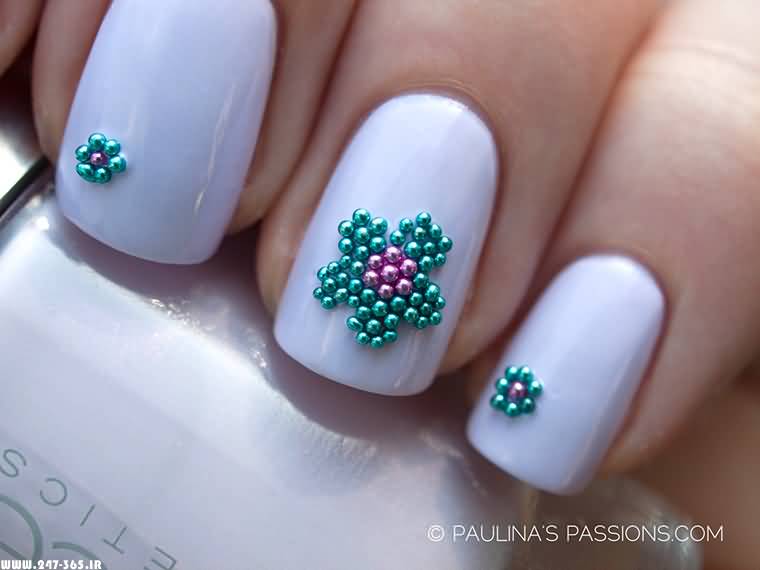 White Glossy Nails With Blue And Purple Flower Design Caviar Nail Art