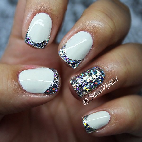 White Glossy nails With Colorful Glitter French Tip Nail Art