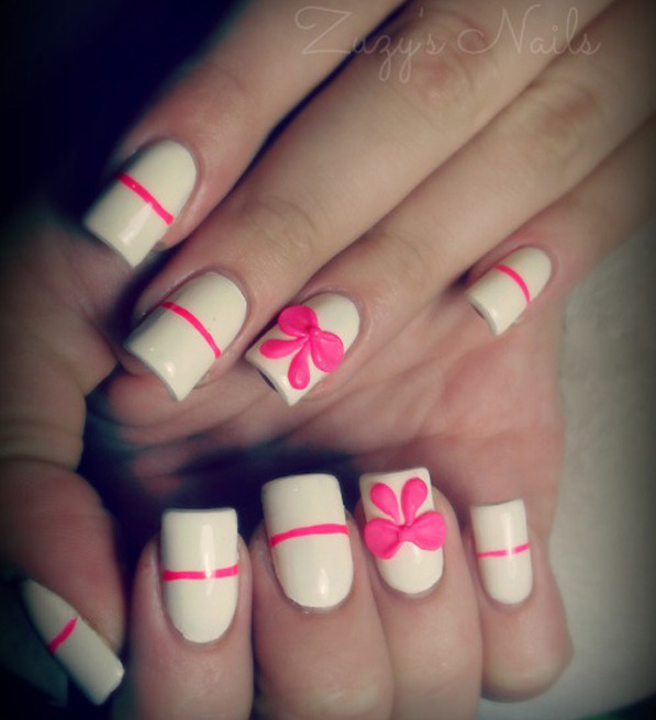 White Nails With Cute Pink Simple Bow Nail Design