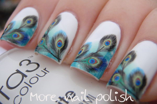 White Nails With Peacock Feather French Tip Nail Art