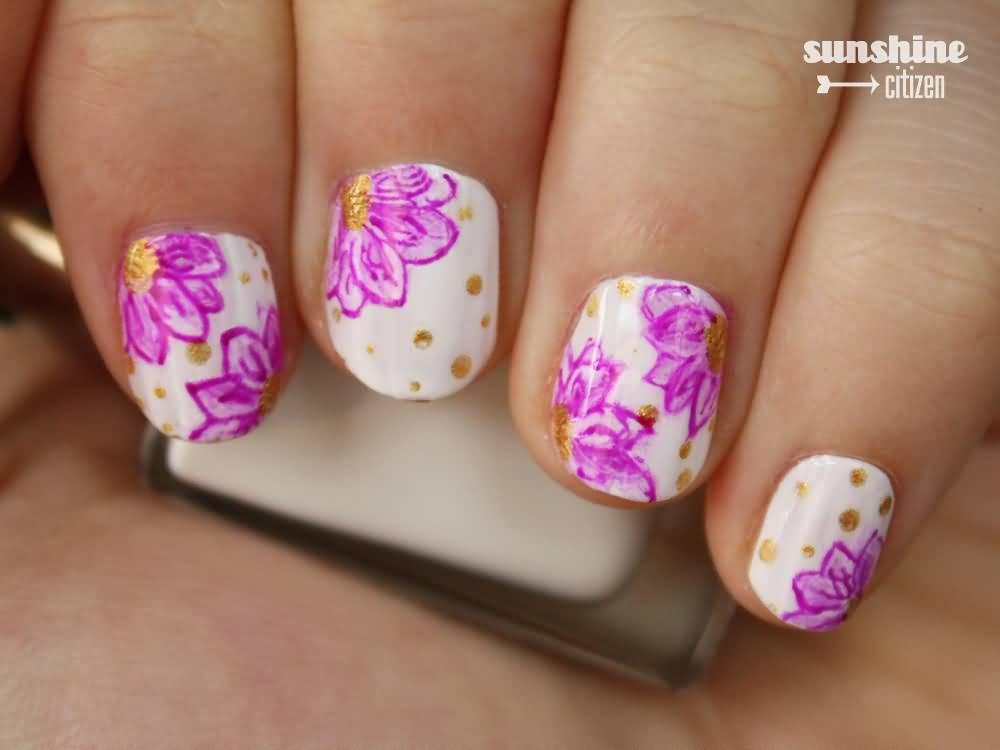 White Nails With Purple Flower Nail Art For Short Nails