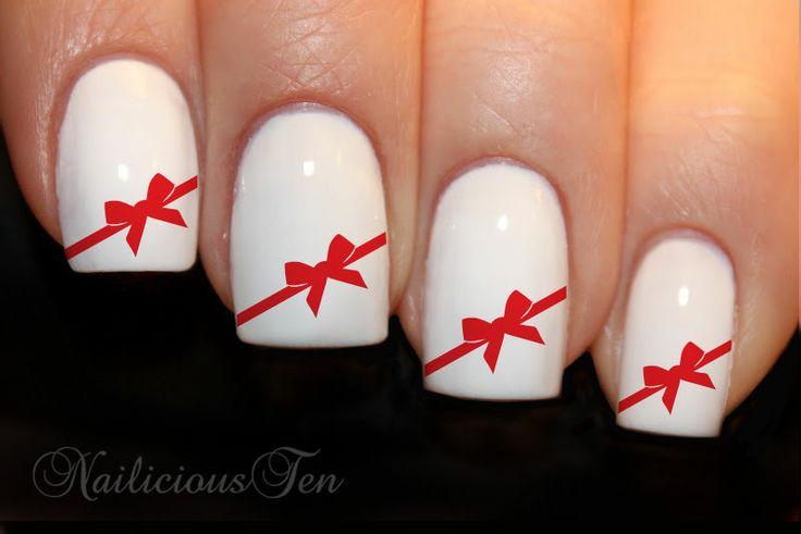 White Nails With Red Bow Nail Art Design