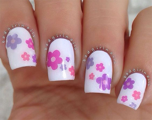 White Nails With Spring Flower Nail Art
