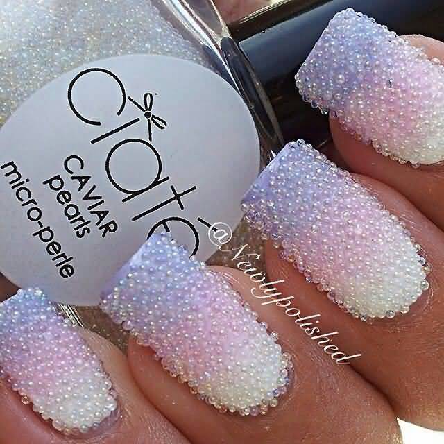 White Pink And Purple Nails With White Caviar Nail Art