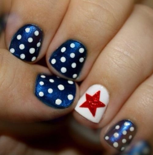 White Polka Dots On Blue And Red Star Fourth Of July Nail Art