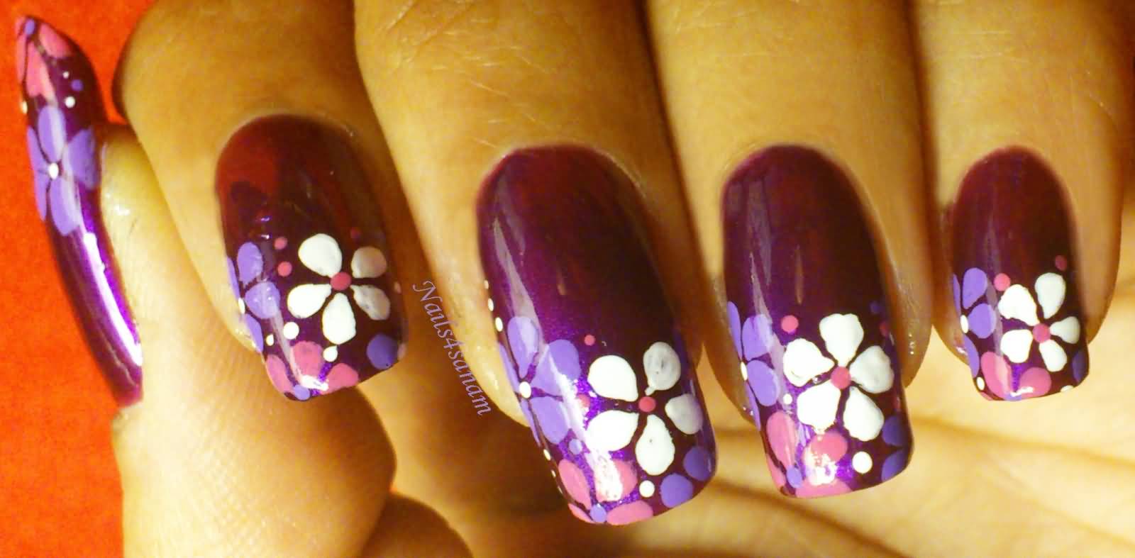 White Purple And Pink Spring Flower Nail Art