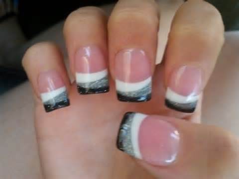 White Silver And Black French Tip Nail Art