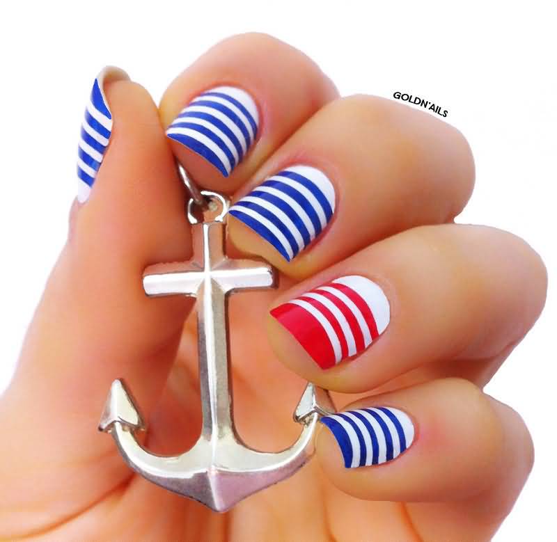 White Stripes On Red And Blue Nails Fourth Of July Nail Art