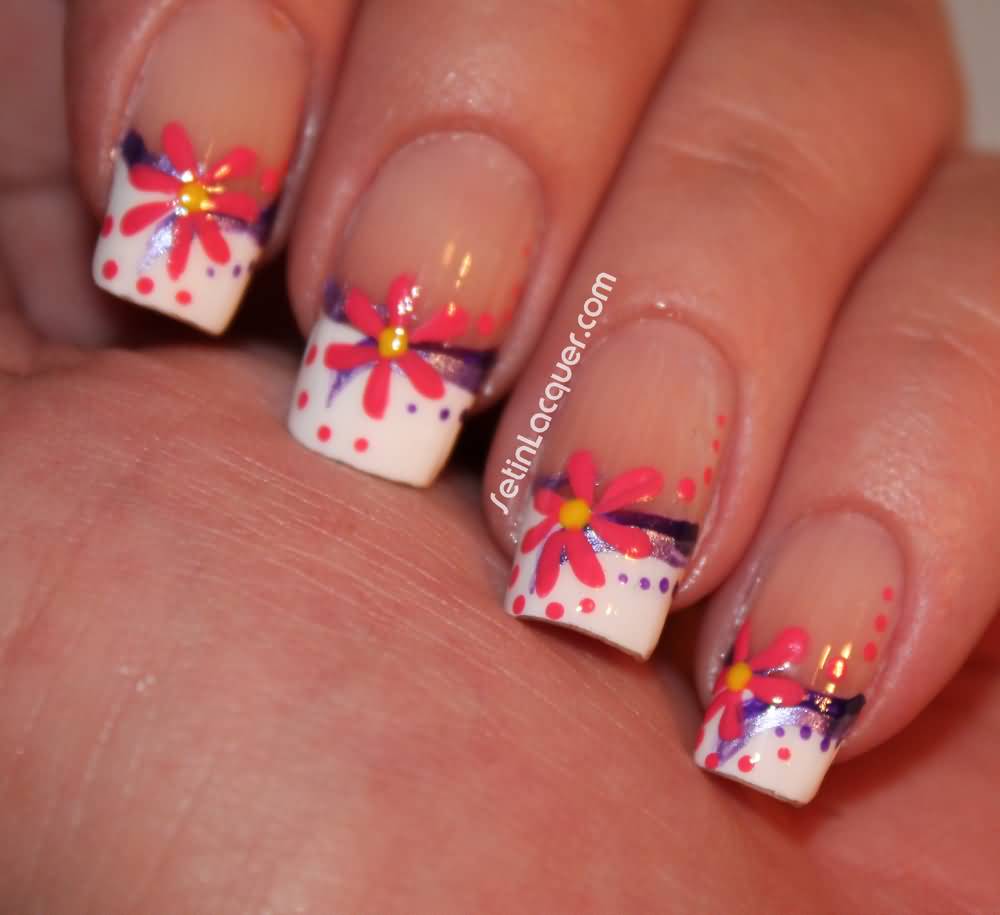 White Tip Nail Art With Pink Flower Design
