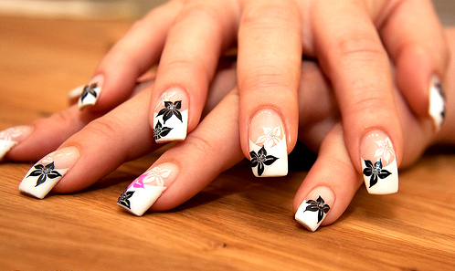 White Tip Nails With Black Flower Nail Art