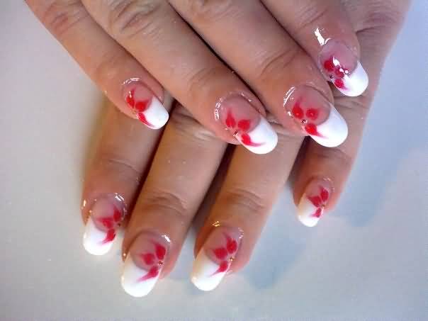 White Tip Nails With Red Flower Nail Art