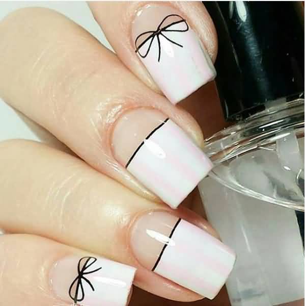 White Tip With Black Simple Bow Nail Art