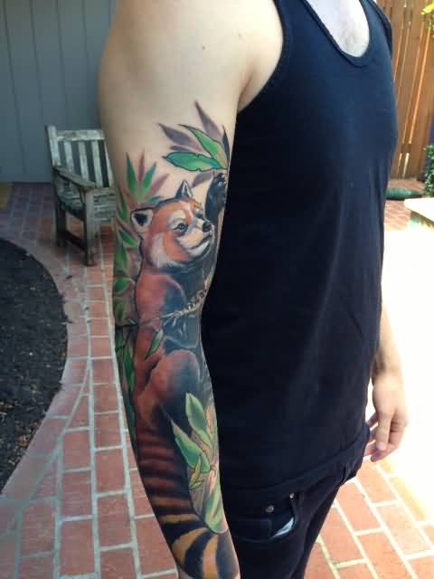 Wonderful 3D Red Panda With Leaves Tattoo On Sleeve For Men