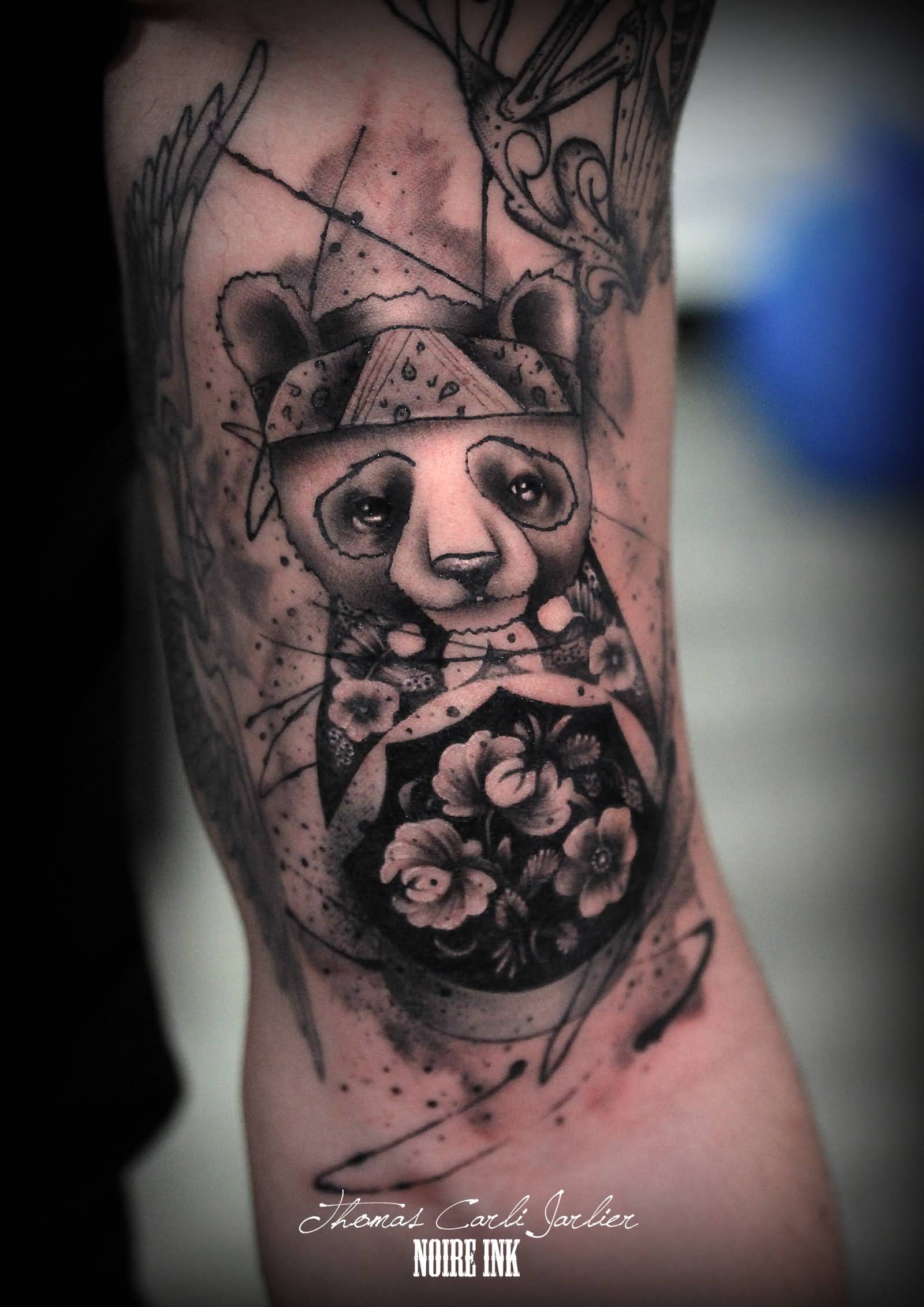 Wonderful Baby Panda With Flowers Tattoo On Half Sleeve