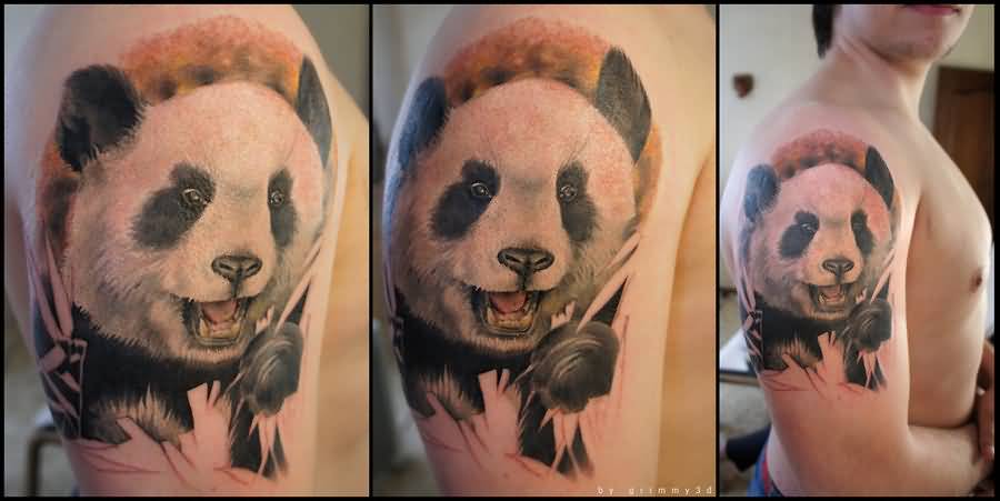 Wonderful Panda Eating Tattoo On Half Sleeve For Men