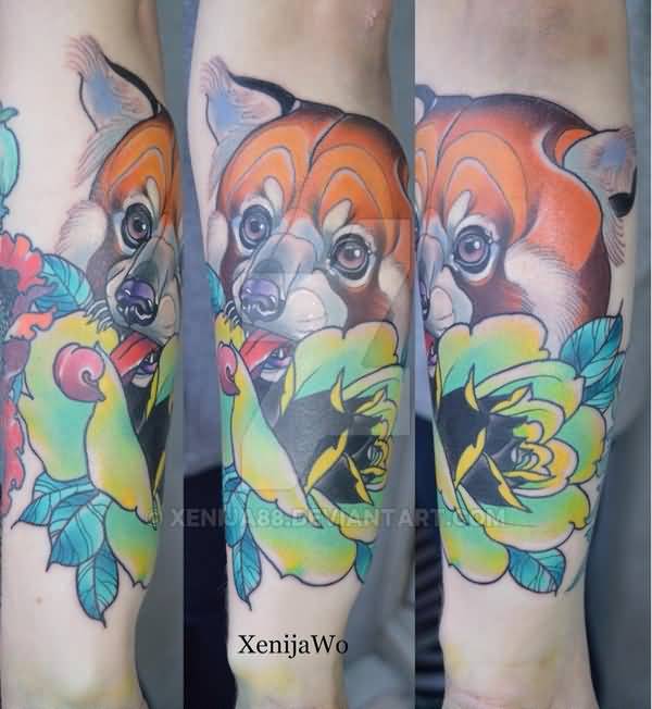 Wonderful Red Panda Face With Green Flower Tattoo On Arm Sleeve