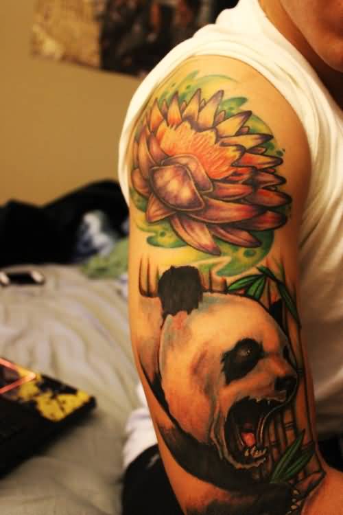 Wonderful Screaming Panda Head With Red Flower Tattoo On Shoulder And Half Sleeve