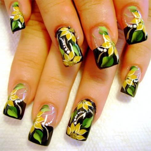 Yellow And Green Flower Nail Art