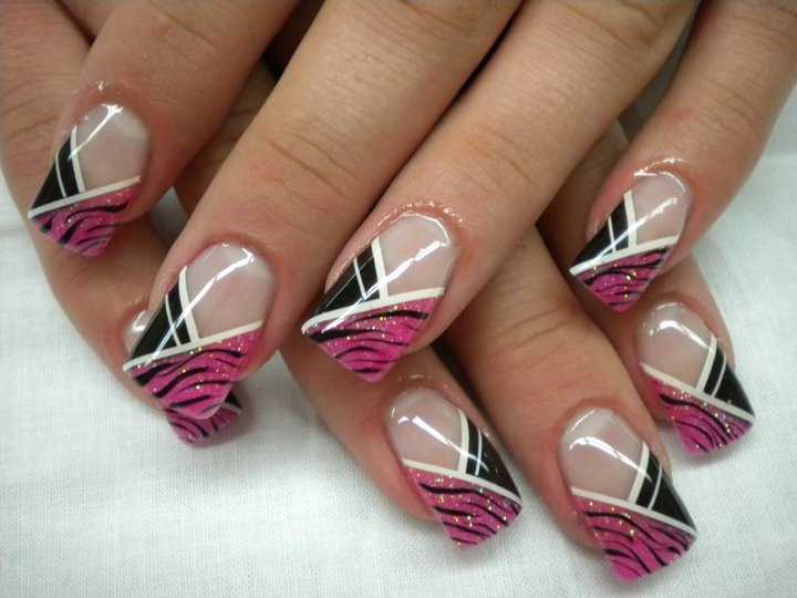 Zebra Print Diagonal French Tip Nail Art