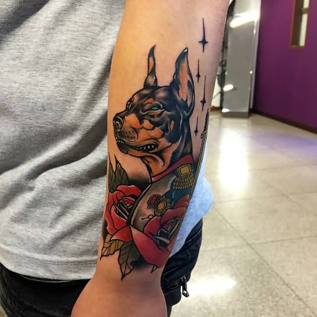 3D Angry Doberman With Red Flowers Tattoo On Forearm For Men