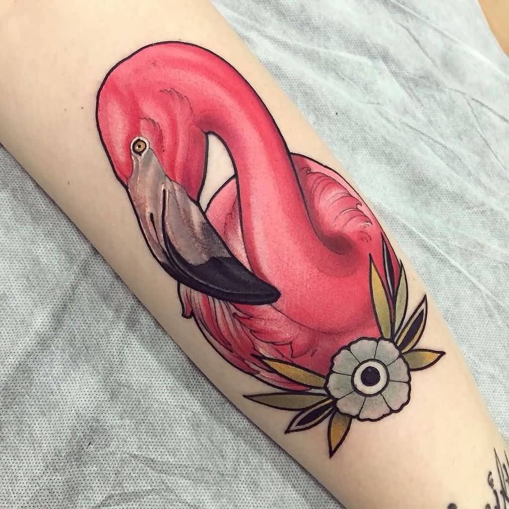 3D Flamingo Tattoo With Flower Tattoo On Forearm