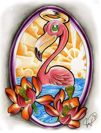 Absolutely Amazing Colorful Flamingo With Red Flowers And Sea In Nice Frame