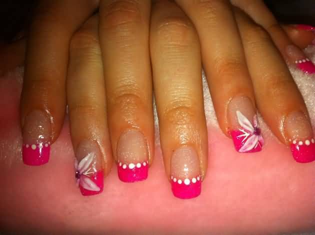 Acrylic Pink French Tip Nails With White Polka Dots And 3d Flower Design