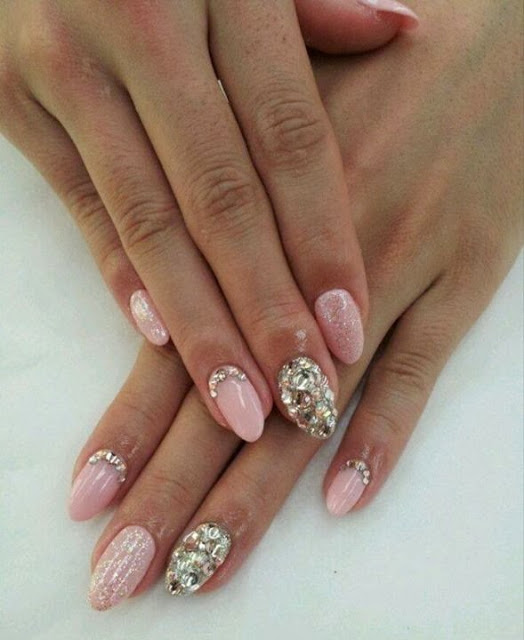 Almond Shaped Baby Pink Acrylic Nail Art With Rhinestones Accent Nail Design