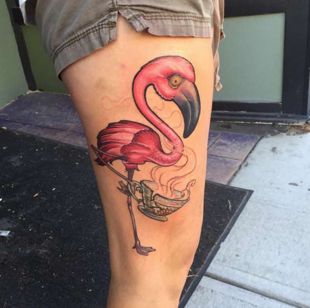 Amazing Alice In Wonderland Flamingo Tattoo On Thigh By Nate