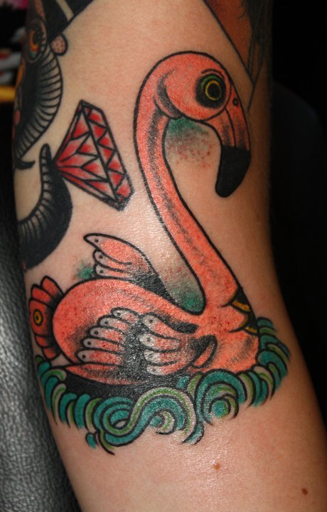 Amazing Flamingo With Diamond Tattoo On Bicep