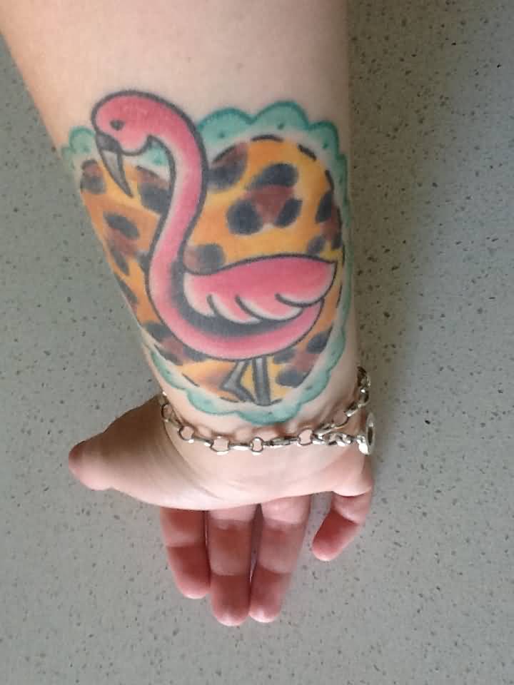 Amazing Flamingo With Great Background Tattoo On Wrist