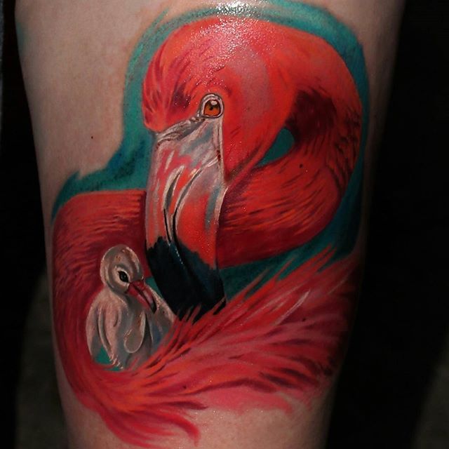 Amazing Mother And Baby Flamingo Tattoo By Alanramirez