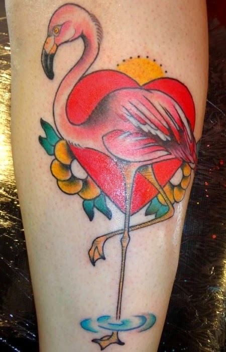 Amazing Traditional Flamingo With Red Heart Tattoo