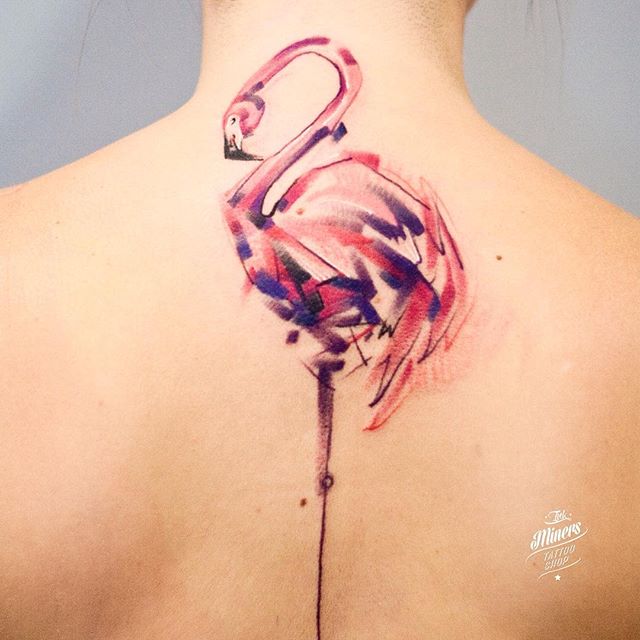 Amazing Watercolor Flamingo Tattoo On Center Back