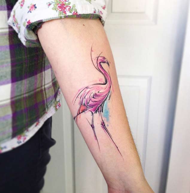 Amazing Watercolor Flamingo Tattoo On Forearm