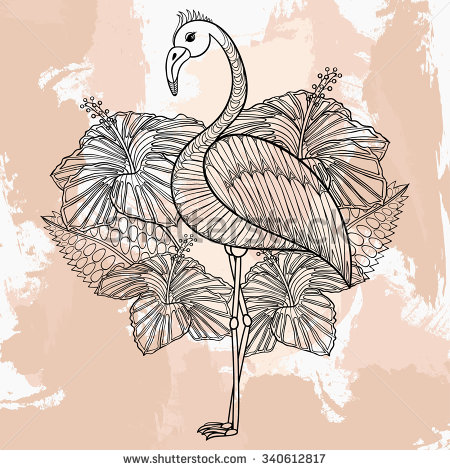 Amazing Zentangle Flamingo With Flowers Tattoo Design