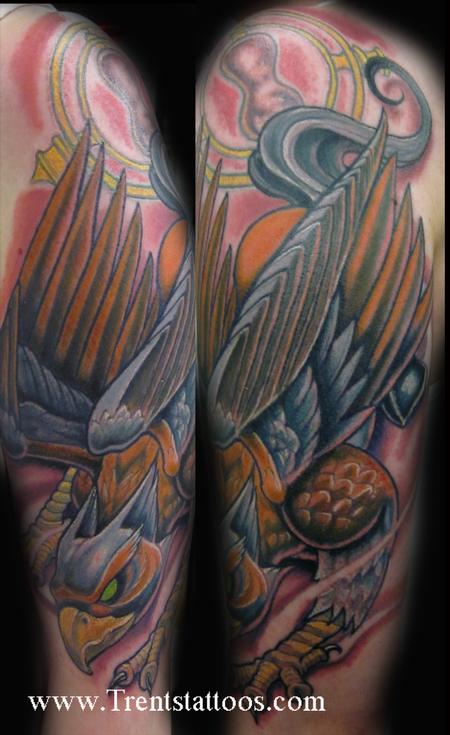Angry Blue And Orange Colored Griffin Tattoo On Half Sleeve
